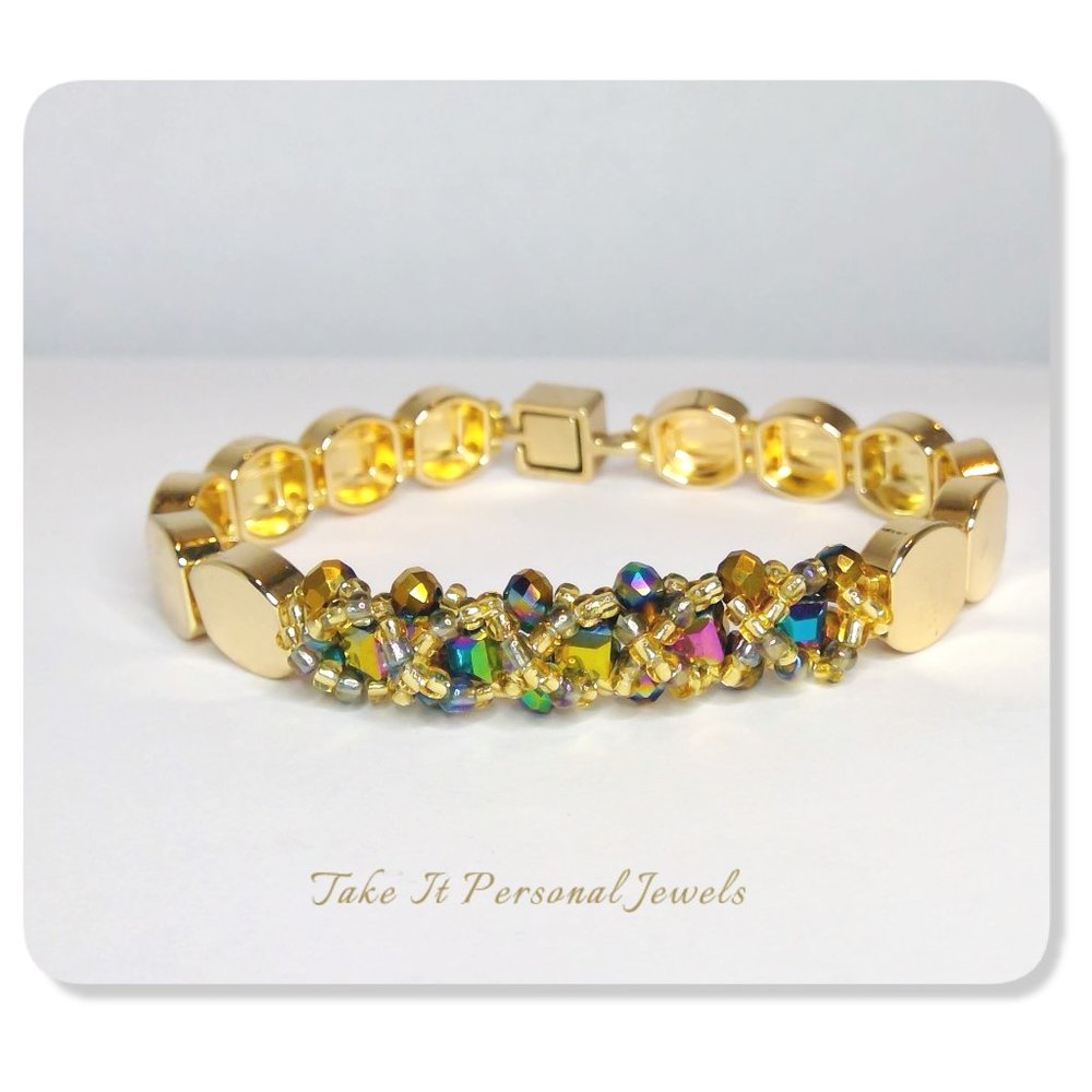 Women's Crystal Rainbow and Gold Tile Bracelet